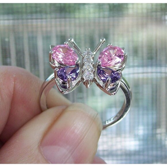 925 STERLING SILVER Simulated Amethyst & Pink Sapphire CZ Butterfly Ring - Picture 6 of 16